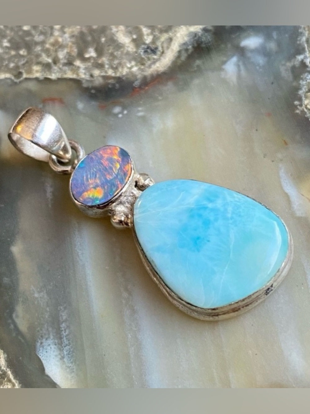 NWOT Genuine Larimar Gemstone and Doublet Opal, 925 Sterling Silver Pendant